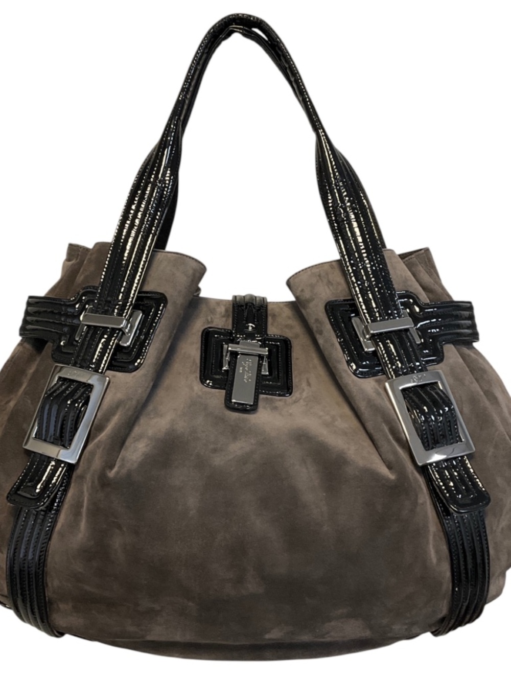 ROGER VIVIER GREY / BLACK PATENT LEATHER TRIMMED SUEDE TOTE HANDBAG